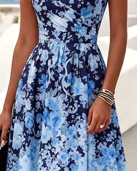 Sleeveless Crew Neck High Waist Printed Dress