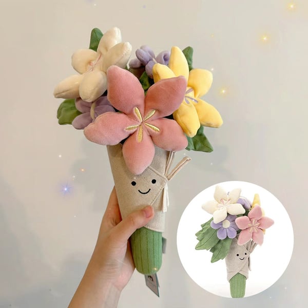 Sødt plysdyr med blomsterbuket