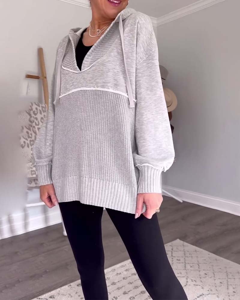 Casual solid color lace-up patchwork hoodie