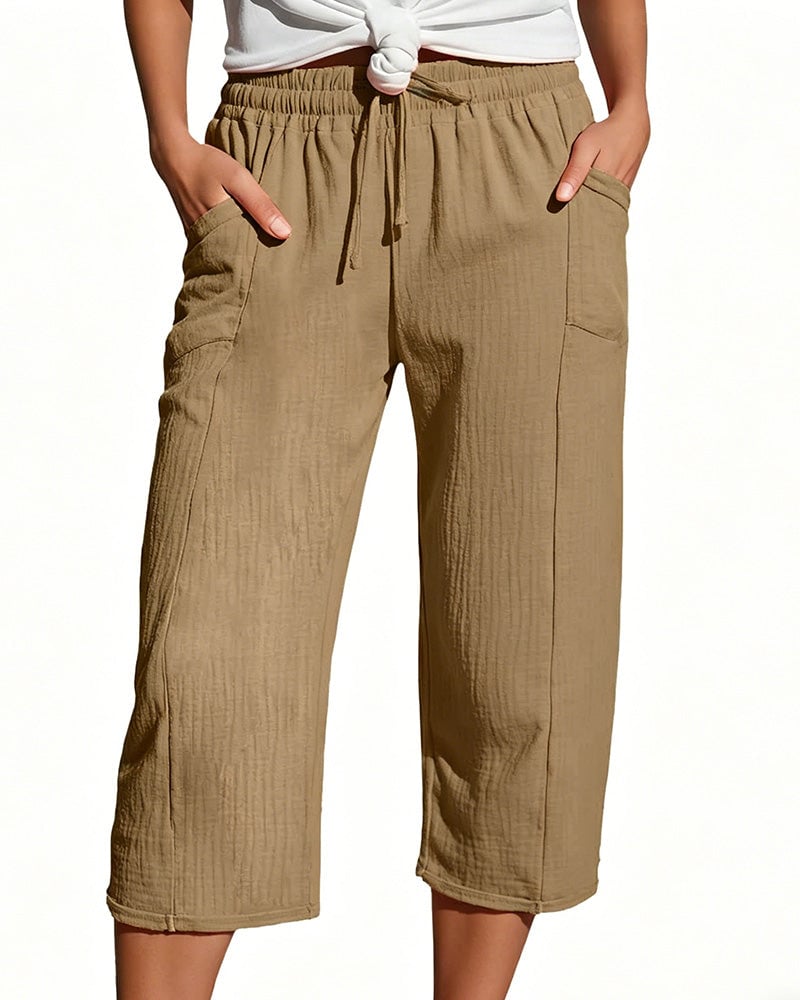 Solid Color Drawstring Wide-Leg Cropped Pants