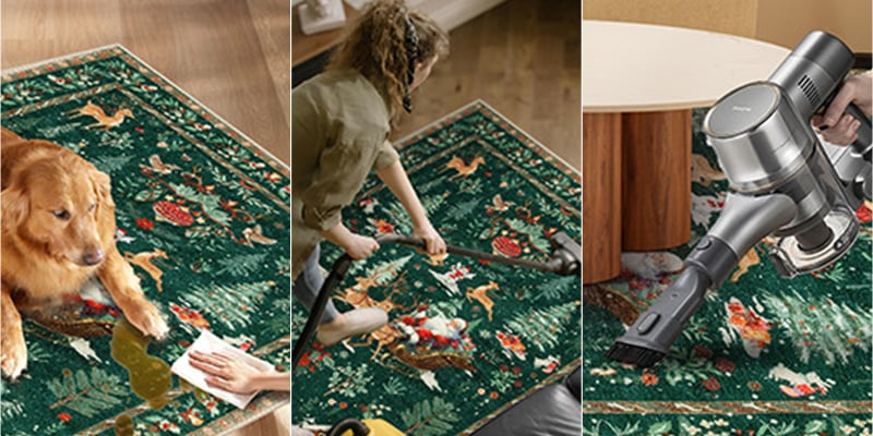 Close-up of someone easily wiping the runner clean, with before/after shots showing it looking pristine
