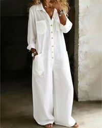 100% Cotton Lapel Collar Casual Wide Leg Jumpsuit