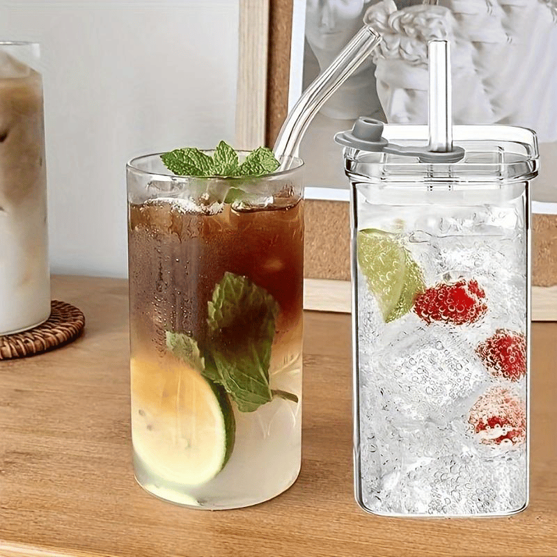 Stylish Square Glass Drink Cup with Lid and Straw