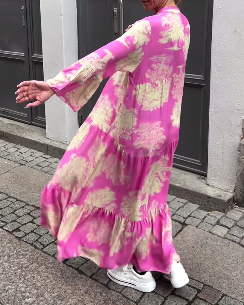 Robe patchwork ample imprimée à col en V et manches cloche