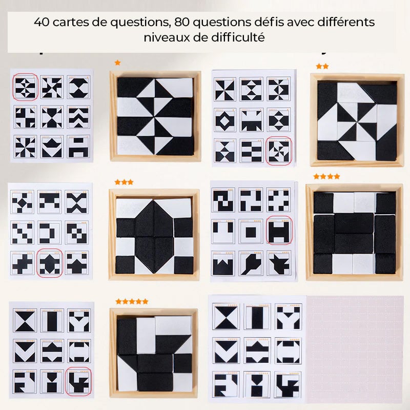 Puzzle géométrique en bois avec blocs cachés et plateau de rangement