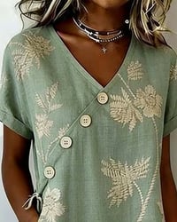 Diagonal Button Print V-Neck Mini Dress