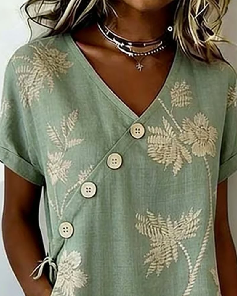 Diagonal Button Print V-Neck Mini Dress