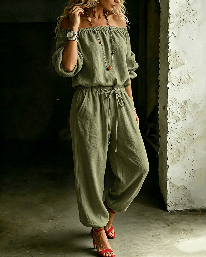 Off-Shoulder Tie Waist Cinched Waist Jumpsuit