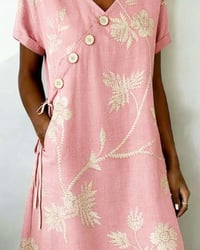 Diagonal Button Print V-Neck Mini Dress
