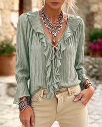Ruffle Trim Lace-Up Long Sleeve Blouse