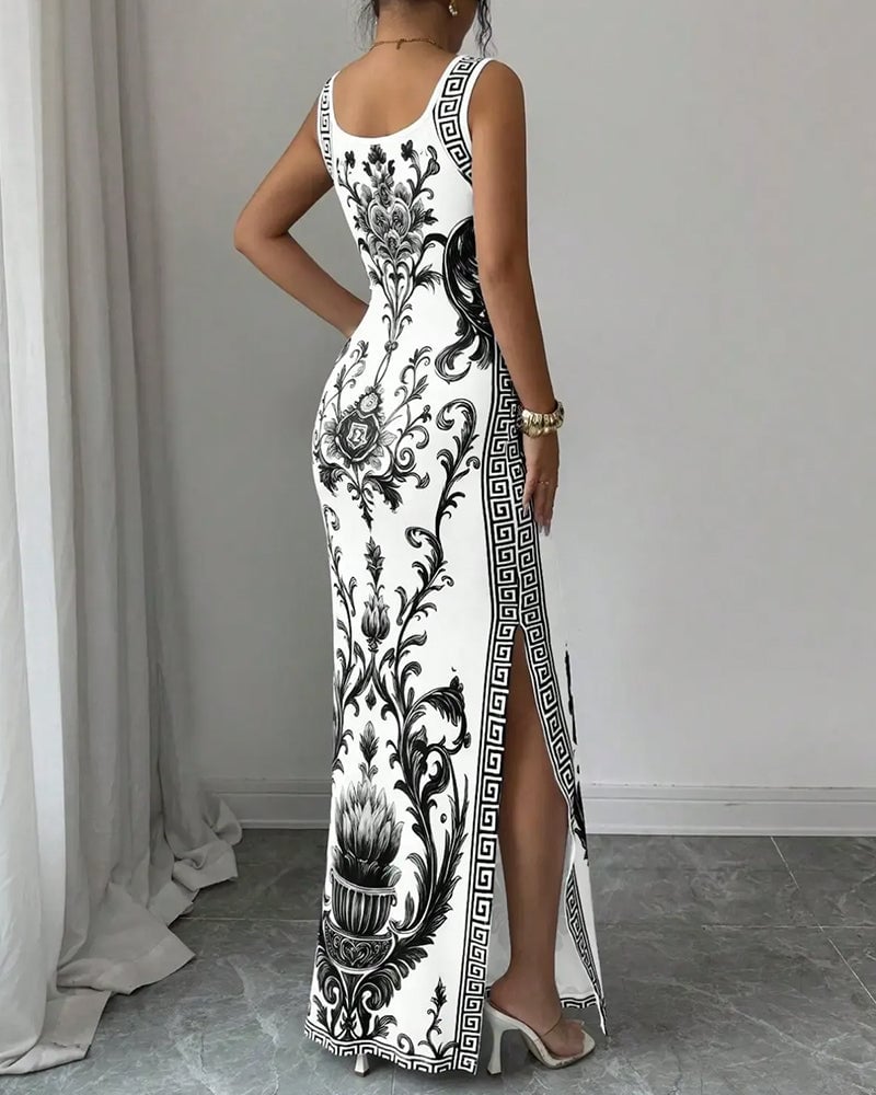 Blue-and-White Sleeveless Slit Maxi Dress