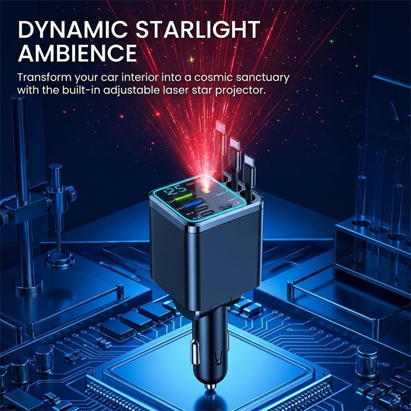 7-in-1 Universal Retractable Car Charger with Intelligent Voltage Display and Starry Sky Light