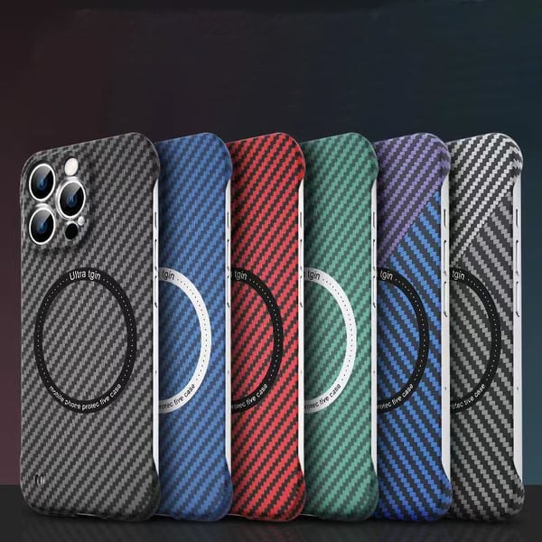 Struttura in fibra di carbonio senza cornice per custodia per iPhone con ricarica magnetica