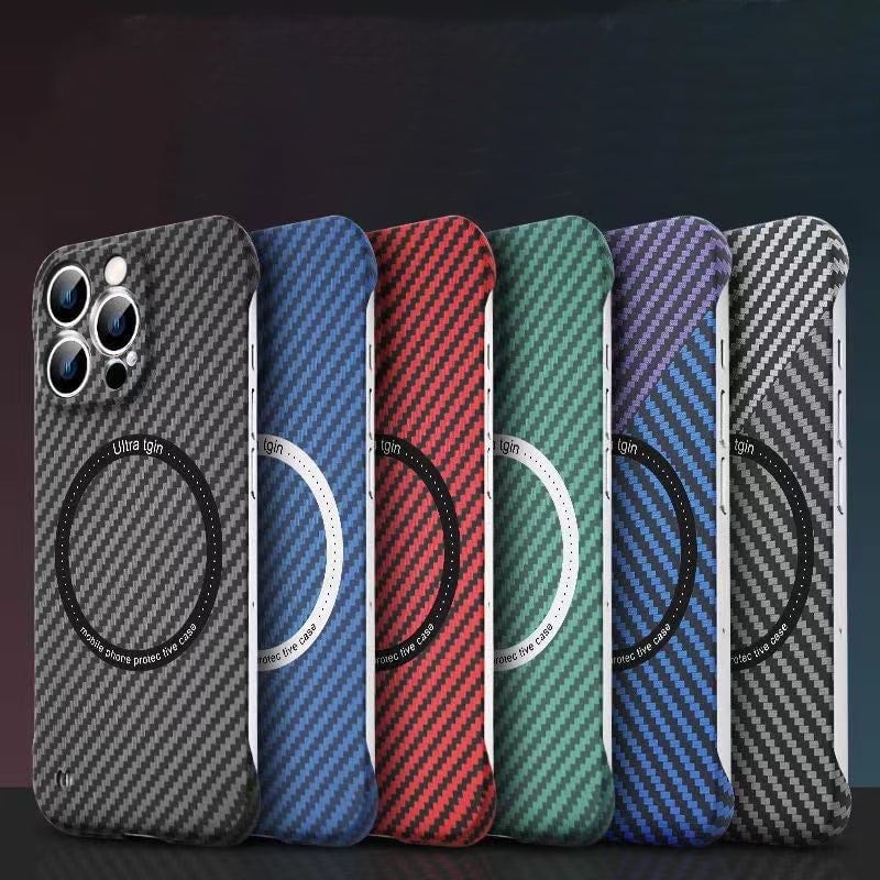Struttura in fibra di carbonio senza cornice per custodia per iPhone con ricarica magnetica