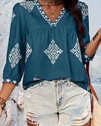 Blouse V-hals Diamantprint Driekwartmouwen