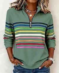 Half-Zip Collar Fashionable Rainbow Striped Sweatshirt
