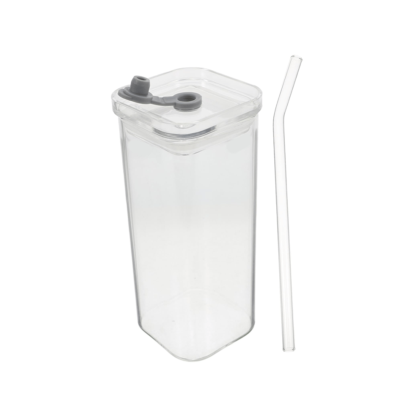 Stylish Square Glass Drink Cup with Lid and Straw