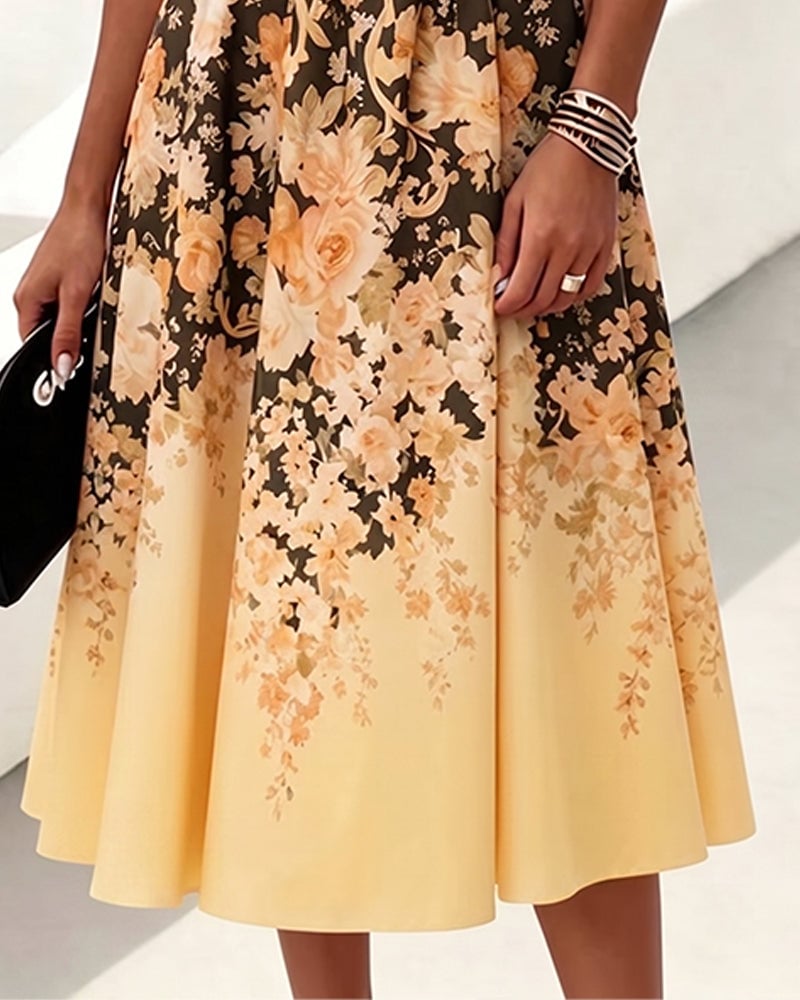 Sleeveless Crew Neck High Waist Printed Dress