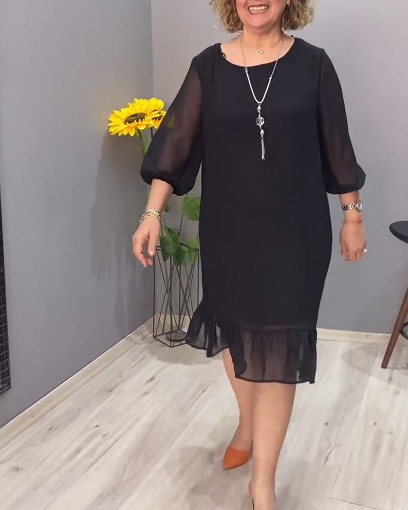 Casual solid color lantern sleeve ruffle dress