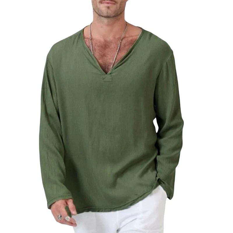 Men's Linen Loose Long Sleeve T-Shirt V-neck Solid Color Top