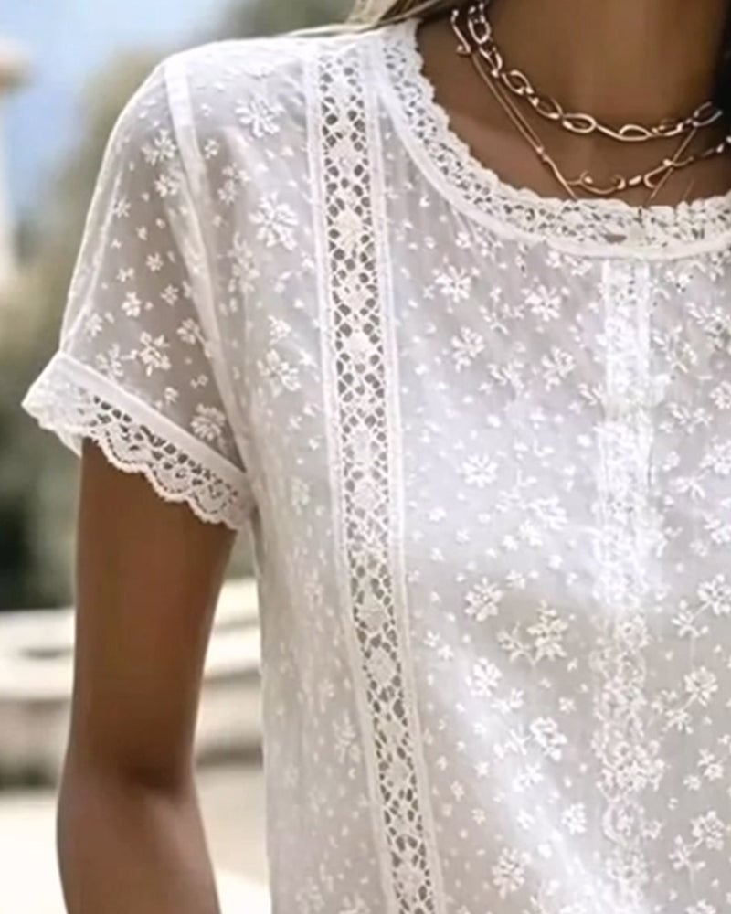 Lace Hollow Out Short Sleeve Blouse