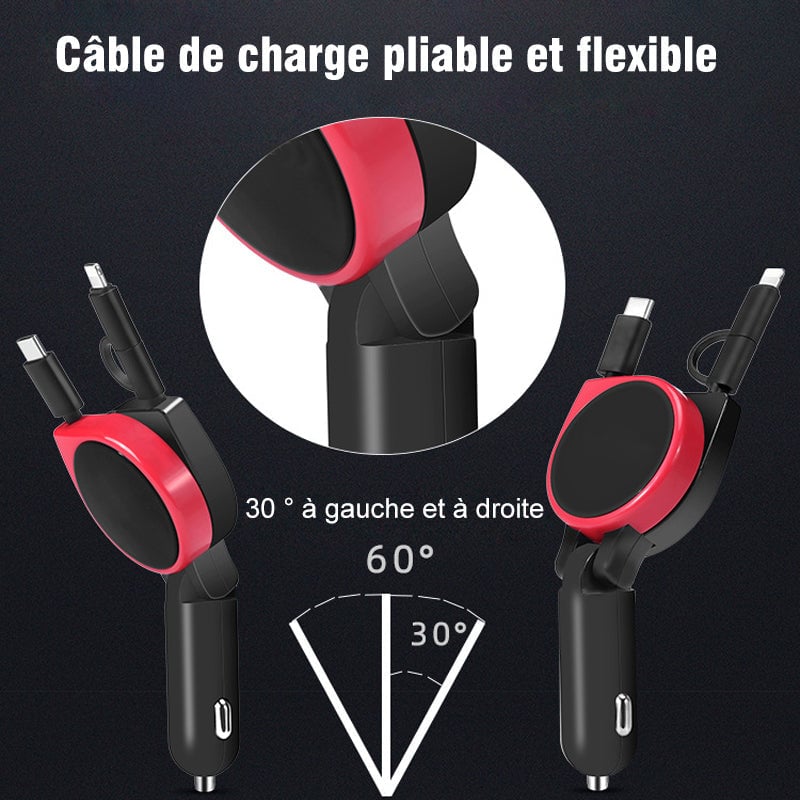 3-en-1 Chargeur Voiture Avec Câble Rétractable