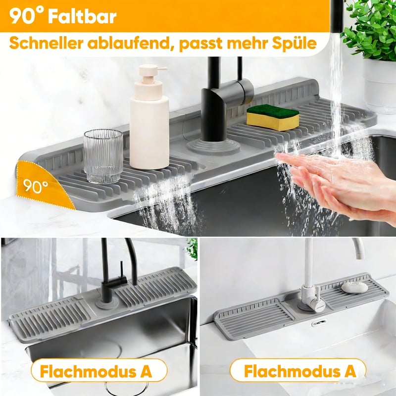 Abgewinkelte Spritzschutz-Matte für den Wasserhahn
