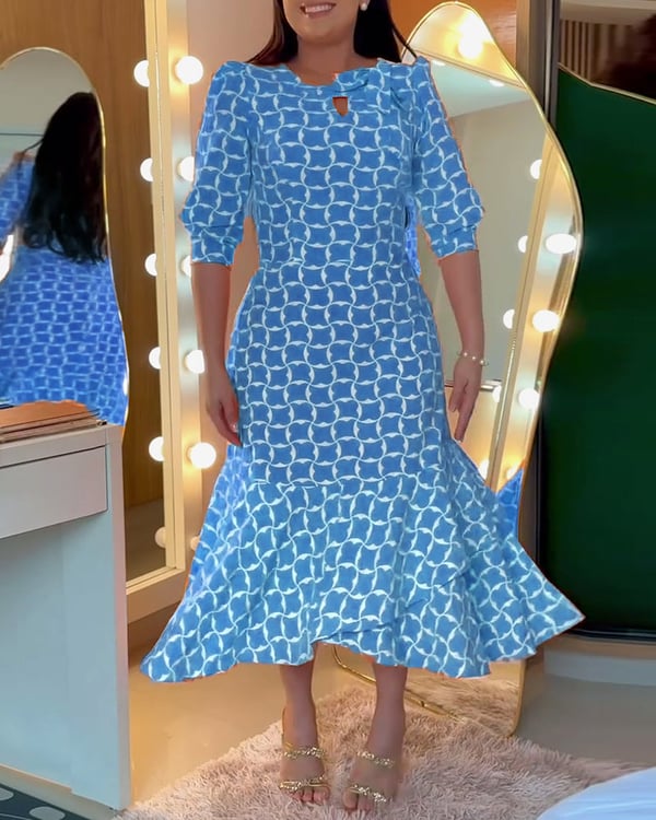 Robe Manches Mi-longues Col Rond Imprimé Taille