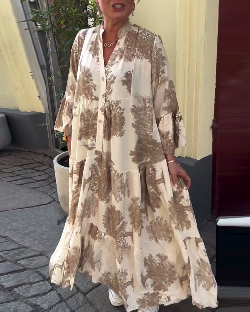 Robe patchwork ample imprimée à col en V et manches cloche