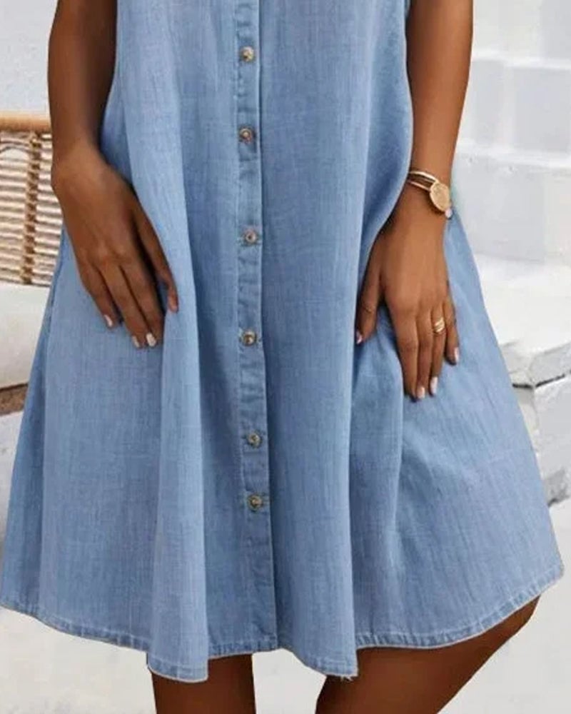 Robe Manches Courtes Col Solide Bouton