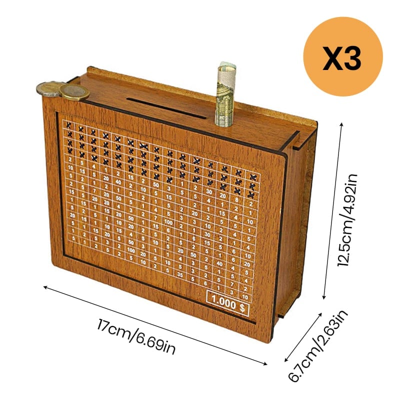 Wooden money box with engraved figures