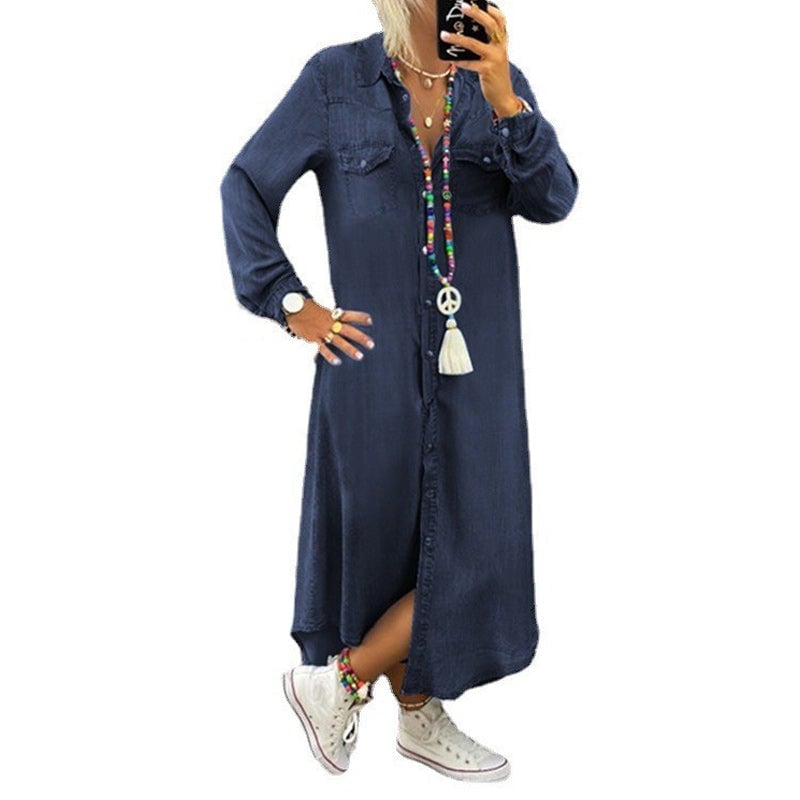 Enfärgad långärmad denimklänning för kvinnor