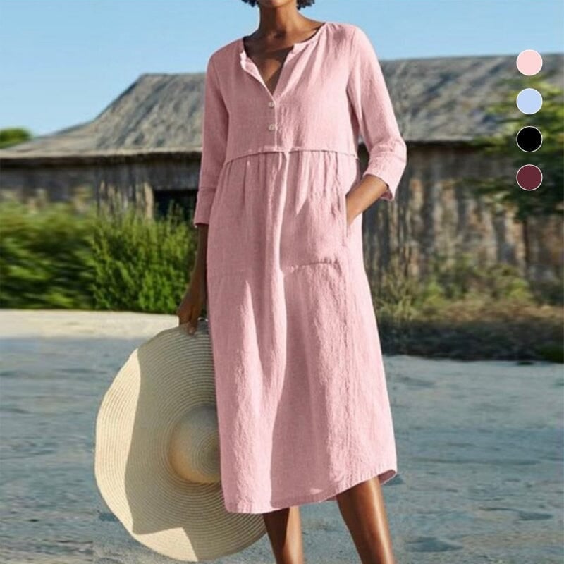 Cotton Linen Solid Color Long Dress with Pockets