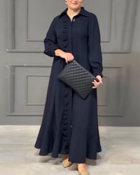 Lantern sleeve button ruffle shirt dress