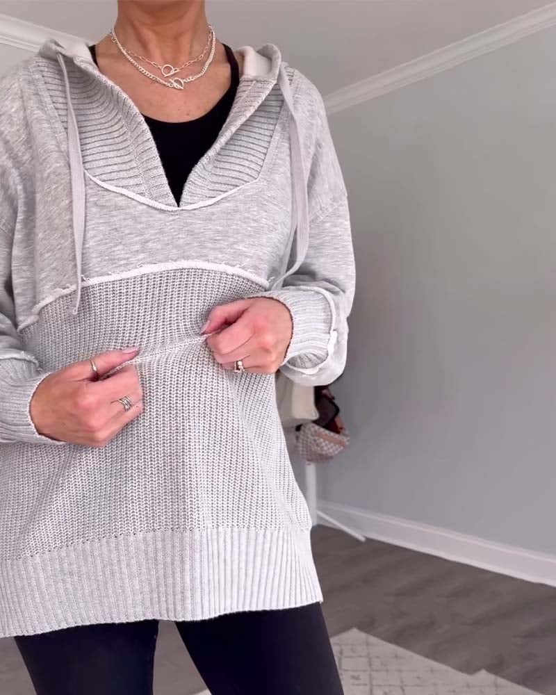 Casual solid color lace-up patchwork hoodie