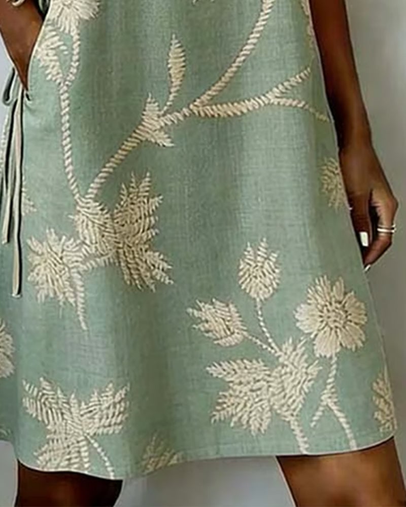 Diagonal Button Print V-Neck Mini Dress