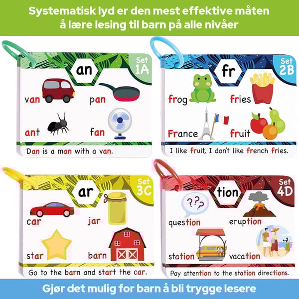 Fonikk-kort - Lær å lese på 20 trinn - Digrafer, CVC-blandinger, lange vokallyder