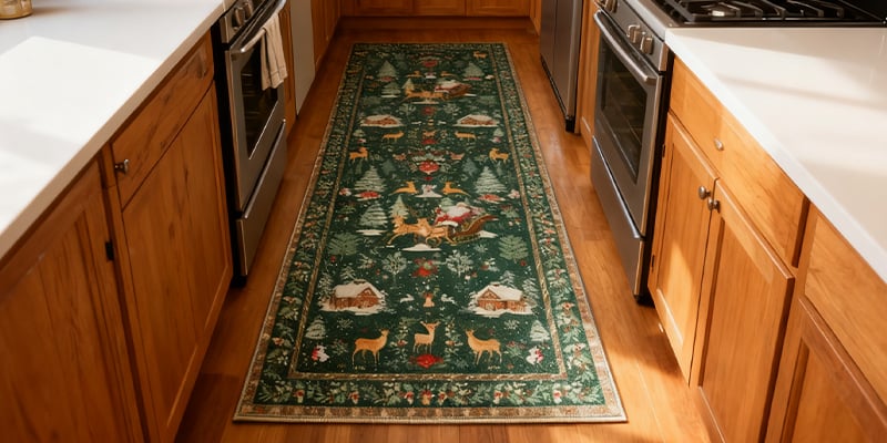 The same runner shown both inside a cosy kitchen and outside on a covered porch, demonstrating versatility