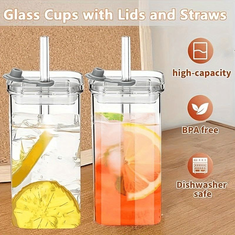Stylish Square Glass Drink Cup with Lid and Straw