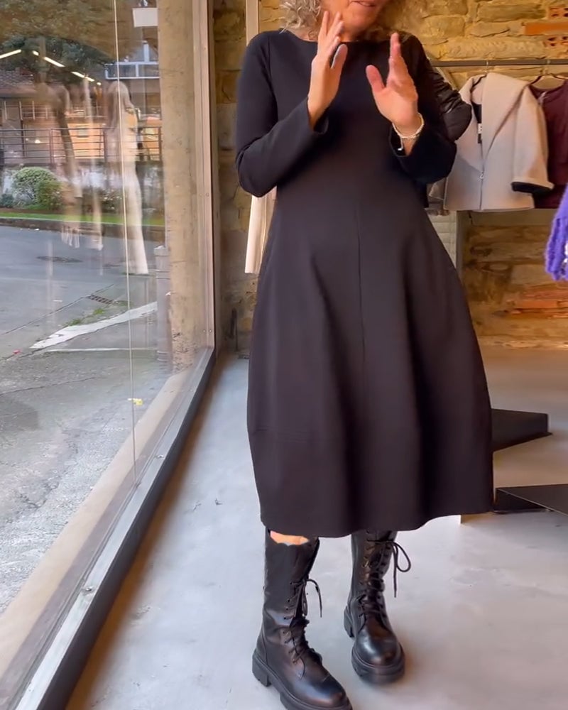 Solid color round neck  A-line dress