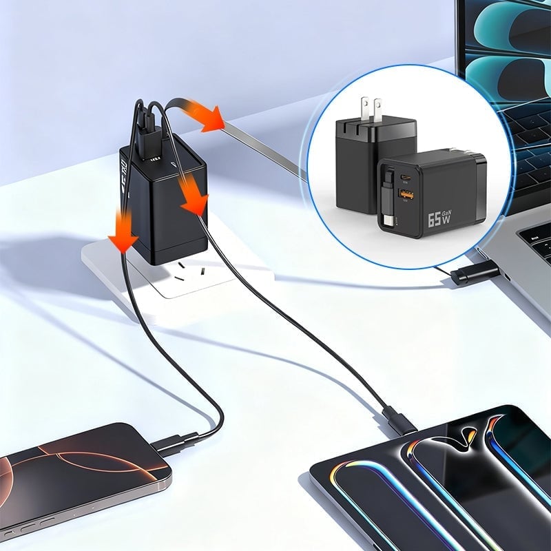 65 W GaN A+C Dual-Port-Schnellladeadapter mit einziehbarem Kabel