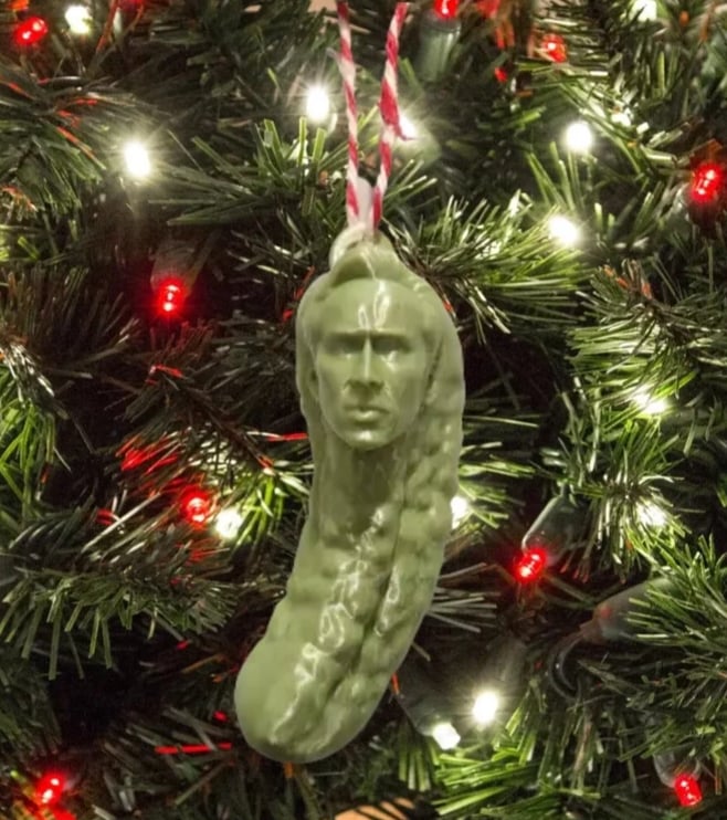 grappig Nicolas Cage kerst groen augurk hangend ornament
