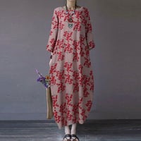Women’s Loose Retro Round Neck Print Dress with Three-Quarter Sleeve