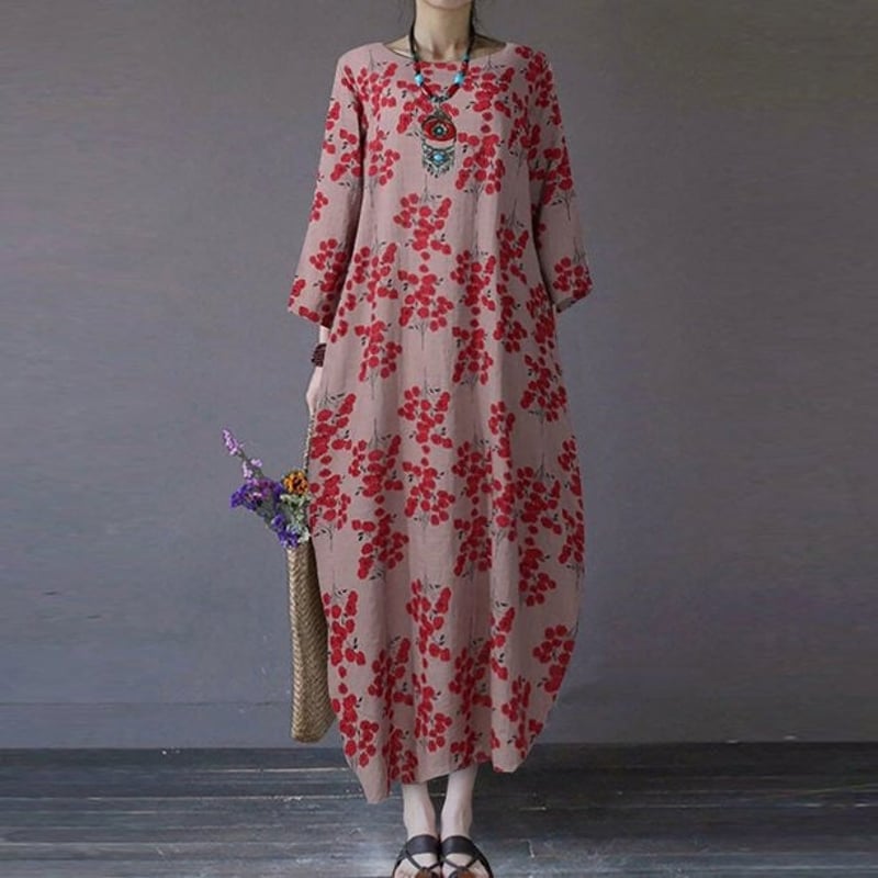 Women’s Loose Retro Round Neck Print Dress with Three-Quarter Sleeve