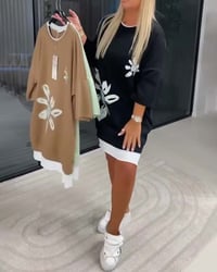 Crew Neck Printed Patchwork Sweatshirt Dress