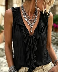 Ruffled V-Neck Lace-Up Sleeveless Tank Top