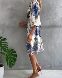 Lantern Sleeve Notched Collar Printed Dress