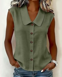 Sleeveless Lapel Linen-Cotton Shirt