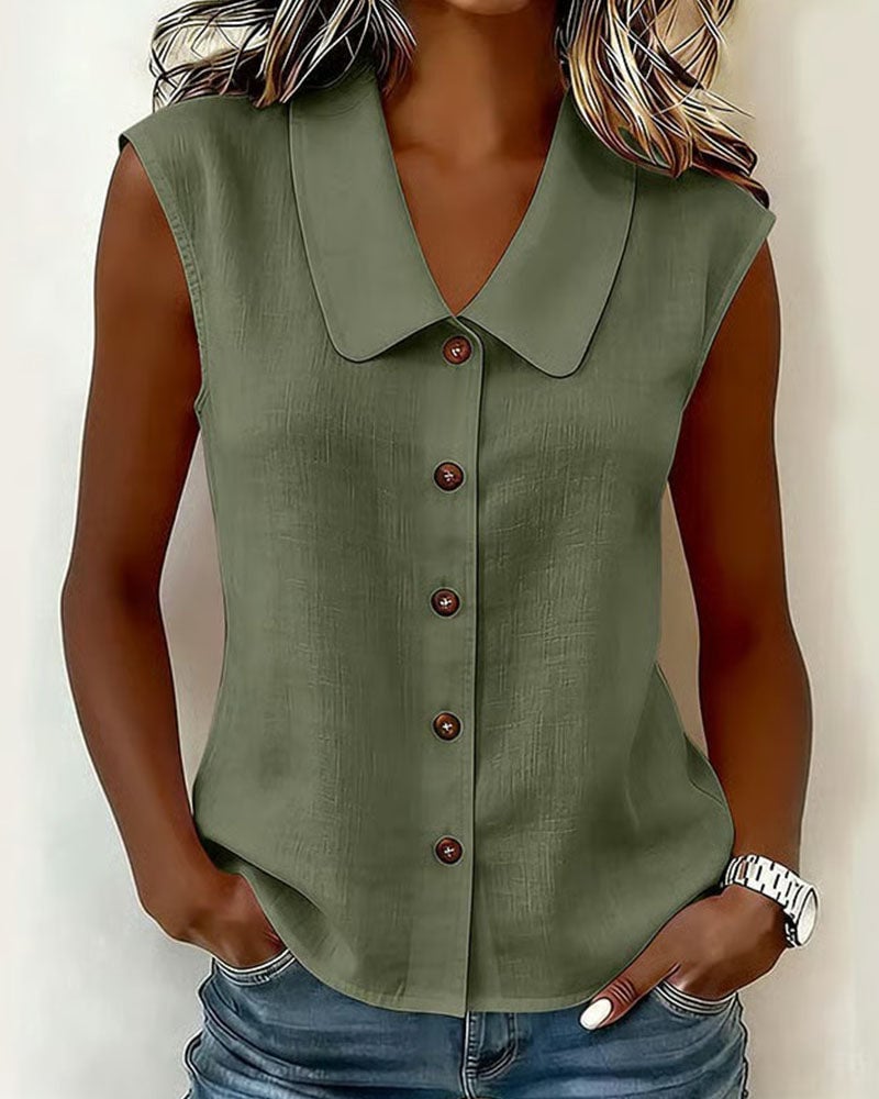 Sleeveless Lapel Linen-Cotton Shirt