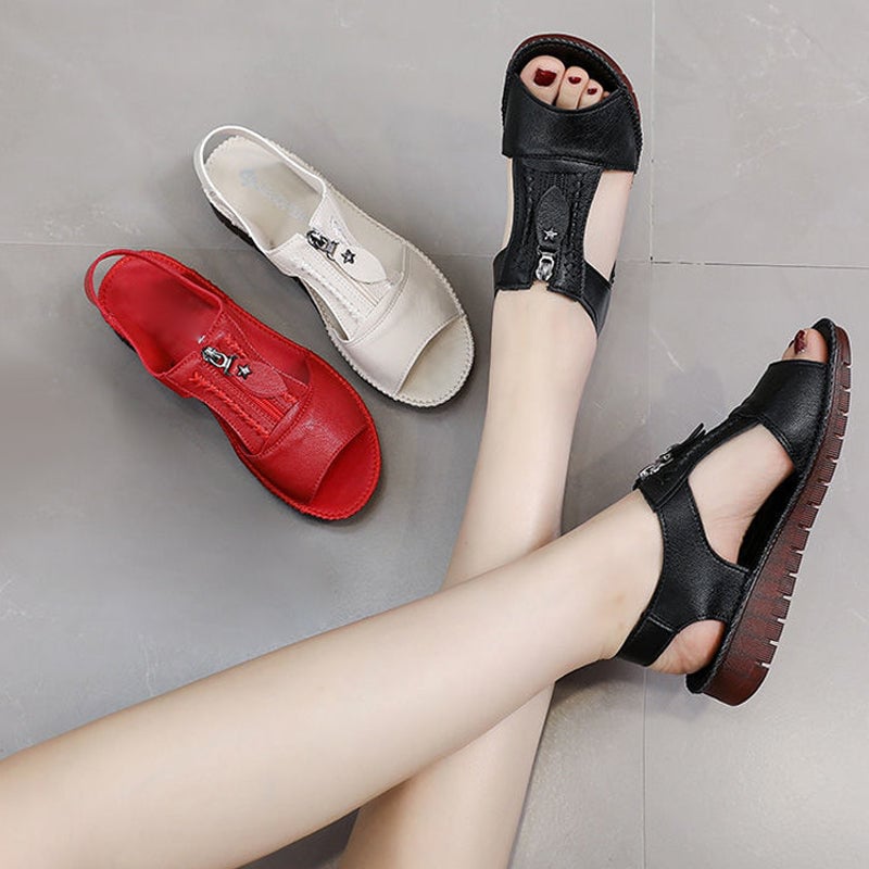 Sandalias Planas Piel Suave Cremallera